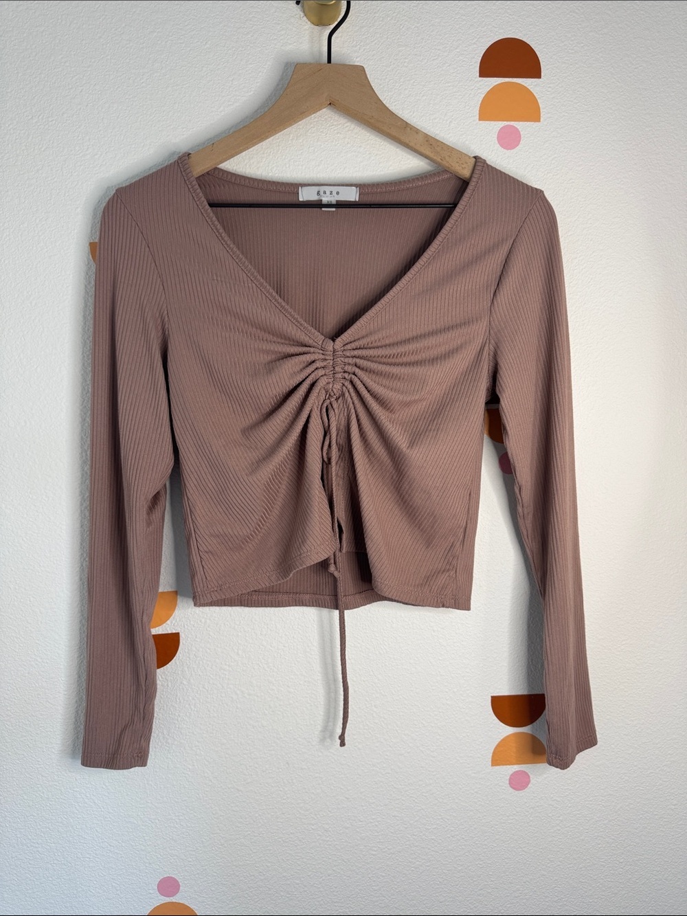 Gaze Ribbed Butterfly Ruched Front Crop Top Long Sleeve Mauve Pink. 0212